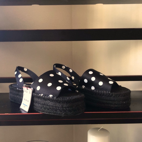 Zara Polka Dot Platform Espadrille Sandals Black